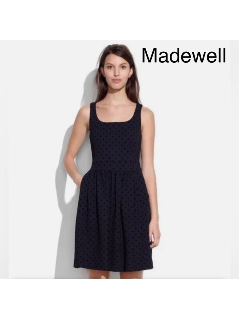 Madewell Swiss Polka Dot Sleeveless Fit and Flare Square Neck Mini Dress size Md